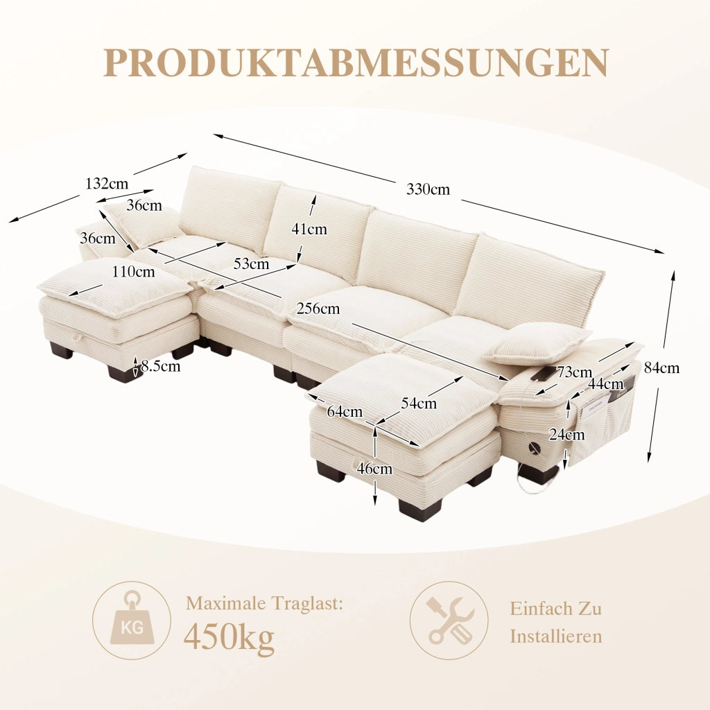 Divano modulare 4 posti in velluto a coste con USB-C, tasche laterali e 2 pouf, beige 330 × 132 × 84 cm