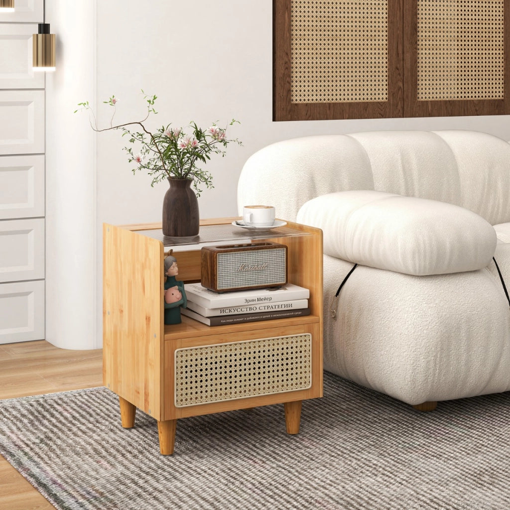 Comodino in bamb¨´ e rattan con cassetto e gambe in legno massello, Tavolino da salotto boho 43x35x50cm Naturale 1 Pezzo-Comodini