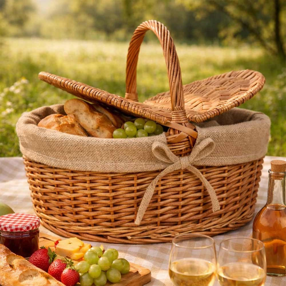Cesto picnic campagnola Grande in Vimini e Juta con Coperchio cm 50 x 32 x h 42
