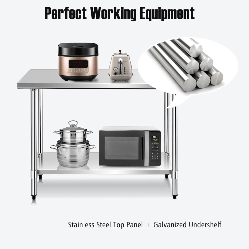 Tavolo da lavoro in acciaio inox, tavolo per la preparazione dei pasti a 2 livelli, tavolo da cucina con carico di 250 kg, mobile di servizio per ristorante, sala da pranzo (122 x 61 x 90 cm