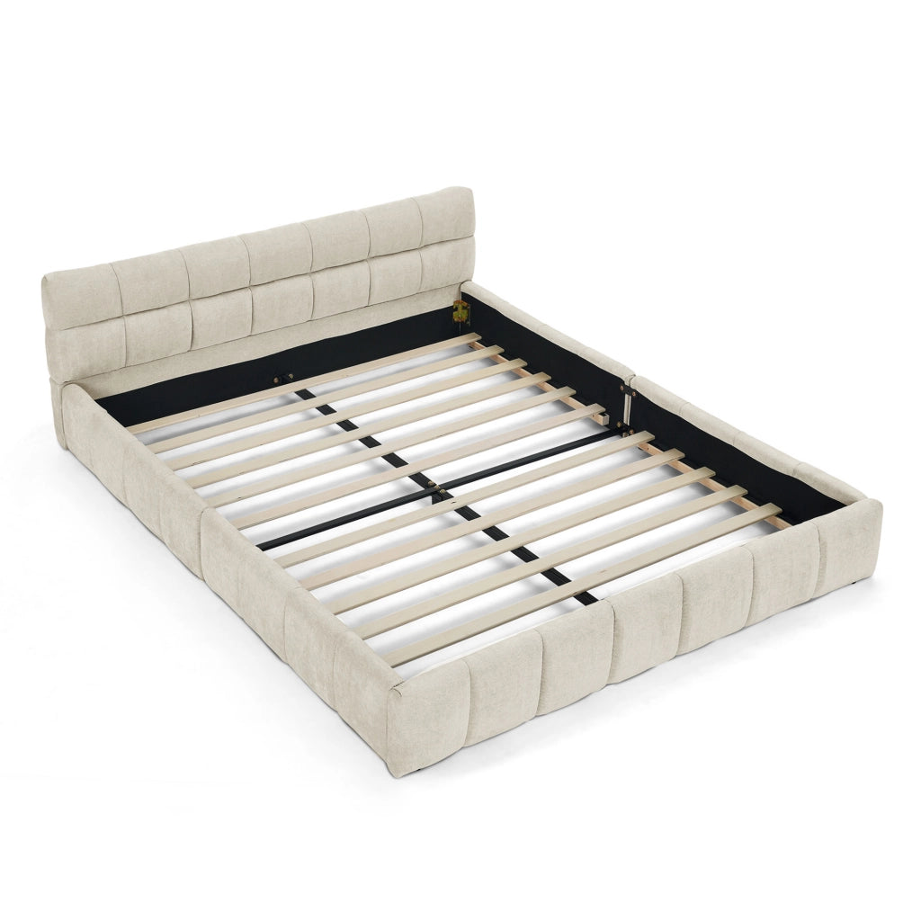 Letto matrimoniale in chenille con testiera, 140x200 cm, beige