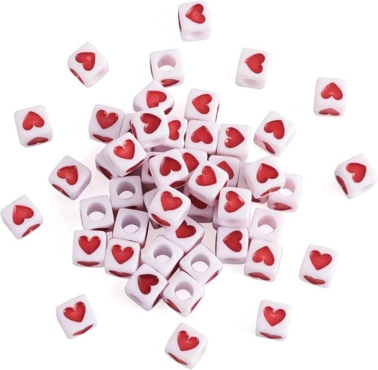50 pezzi di perline acrilica a forma di cubo grande foro bianco con spaziatore rosso quadrato perline libere 7 x 7 x 7 mm mini perline per artigianato DIY gioielli collane bracciali