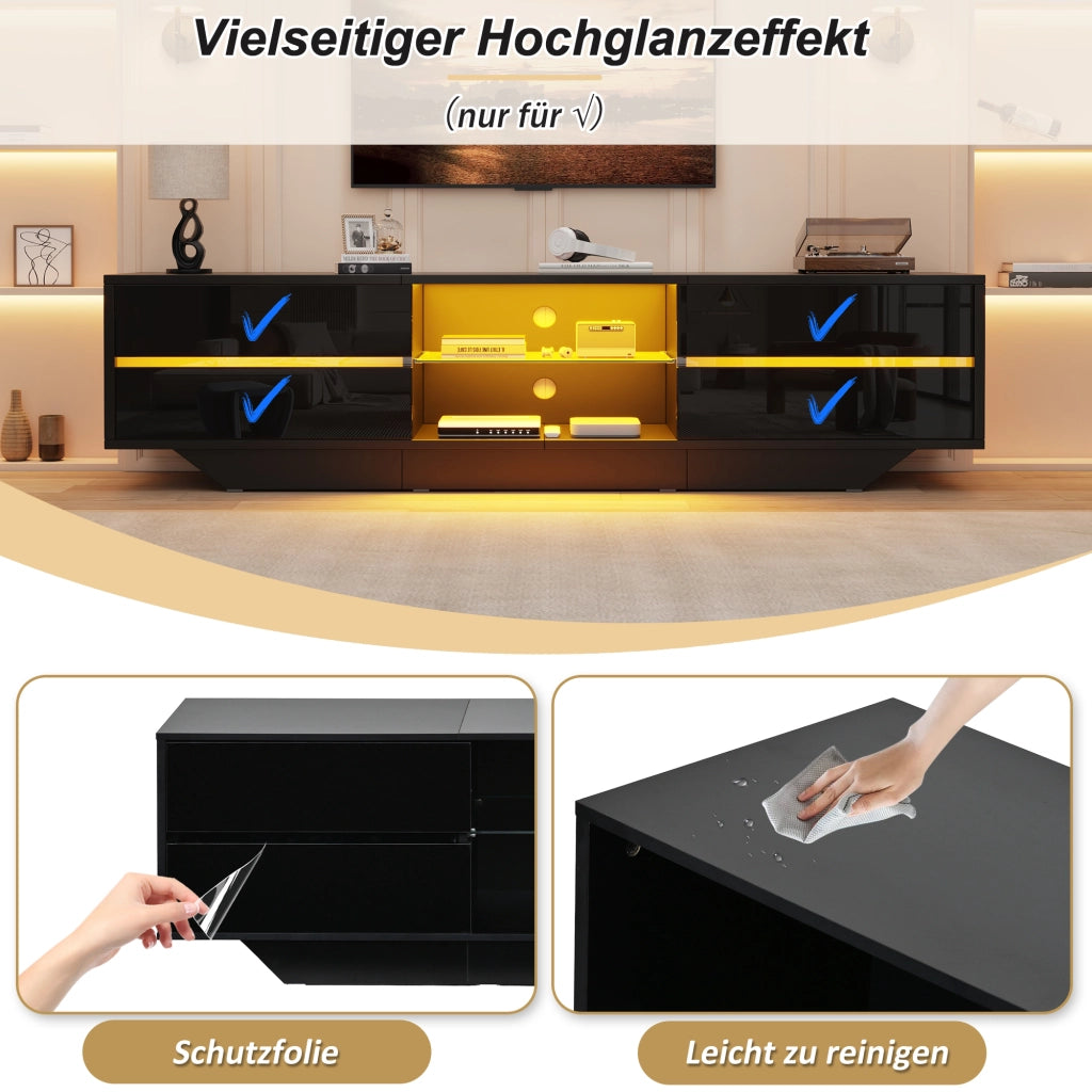 Mobile porta TV con LED RGB, 2 ante e 4 vani con ripiano in vetro regolabile, per soggiorno, nero, 160 × 35 × 44,5 cm