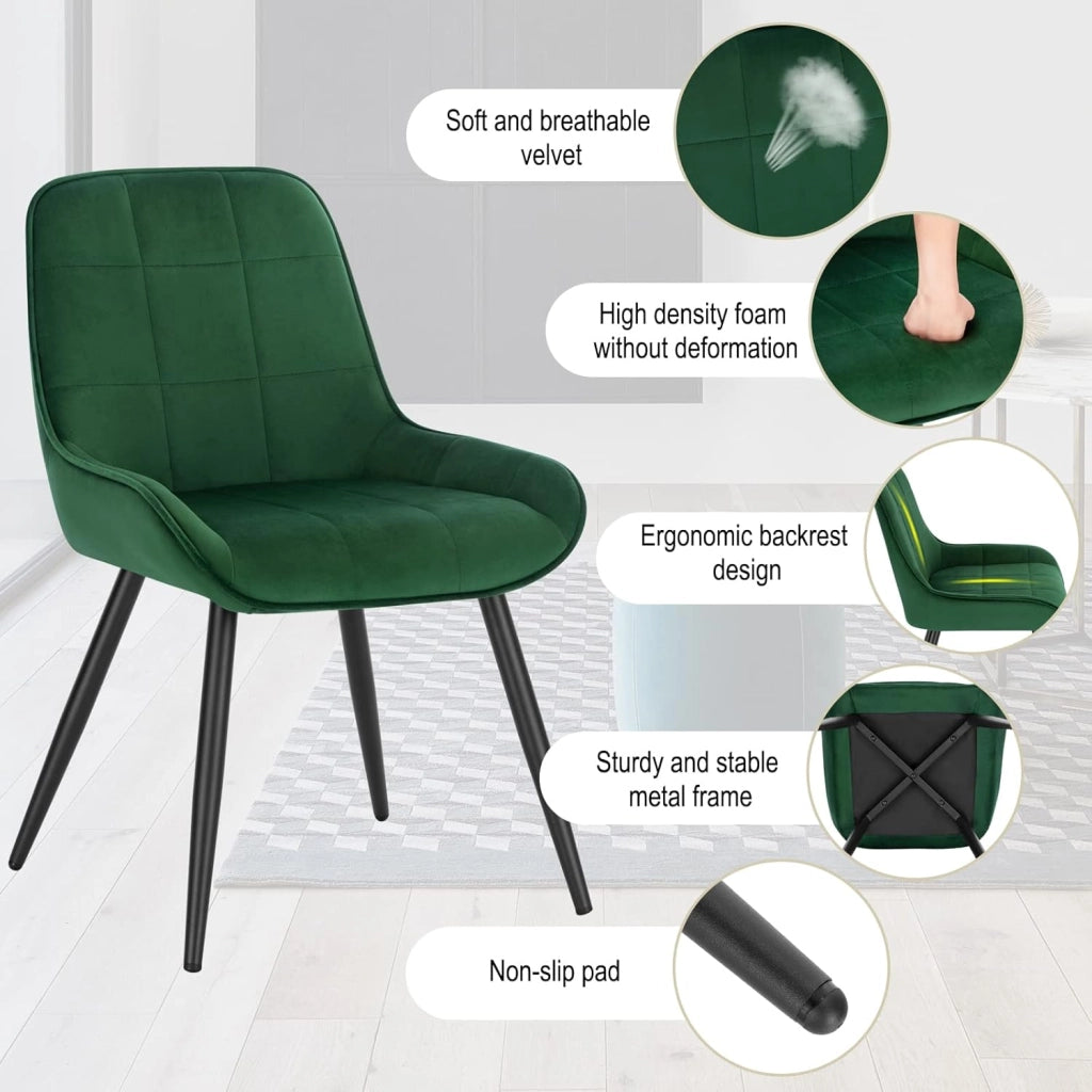Set di 4 Sedie da Pranzo con Schienale Curvo, Sedie Ergonomiche in Velluto e Metallo, Poltroncina imbottita per Salotto, Ufficio, Camera da Letto, Verde scuro BH331dgn-4