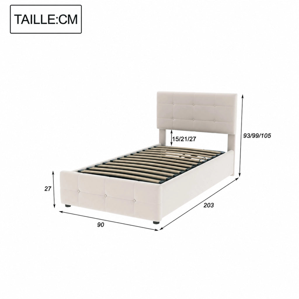 DESMIU Letto per Bambini 1 Piazza con Contenitore e Testiera Regolabile 90 × 200 cm, senza materasso, Beige