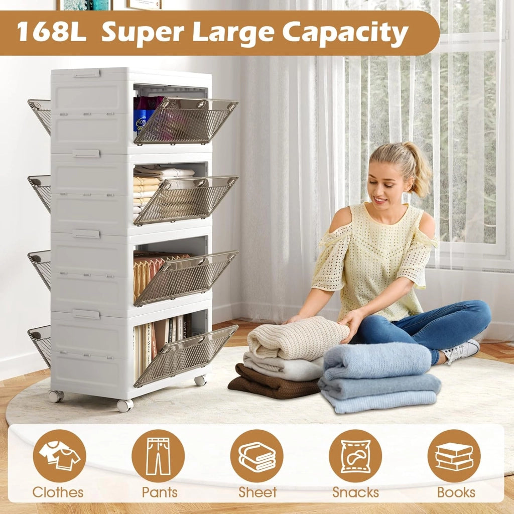 Scatole portaoggetti in plastica da 168 l, contenitori impilabili a 4 livelli con ruote, coperchio, organizer pieghevole per soggiorno, camera da letto, ufficio, dormitorio