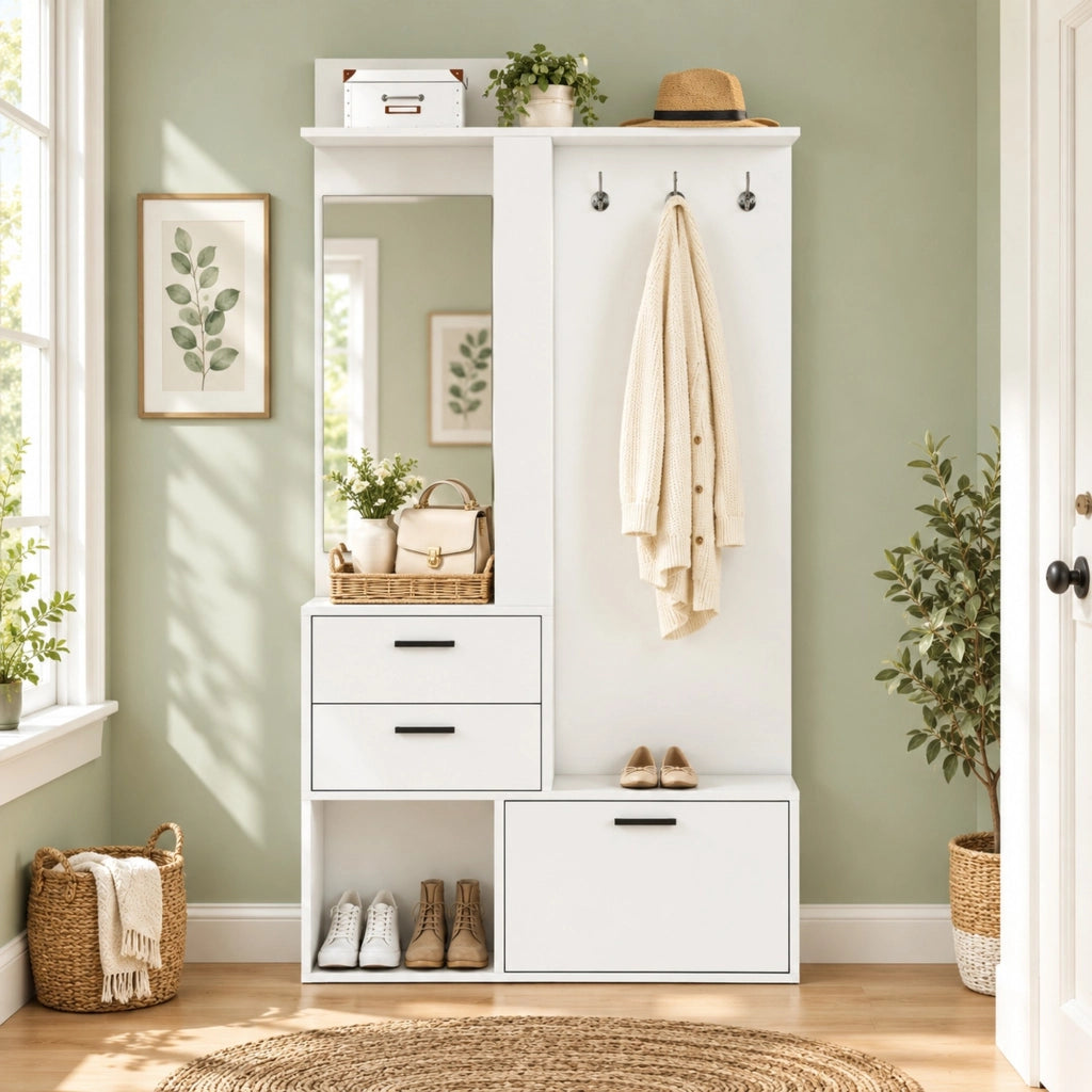 Guardaroba da ingresso 90x30x180 cm con specchio, scarpiera e 2 cassetti bianco HAVRYA