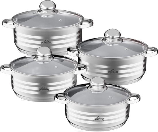 Set di pentole in acciaio inossidabile 8 pezzi con coperchio in vetro - idoneo per lavastoviglie - per tutti i tipi di fonti di calore