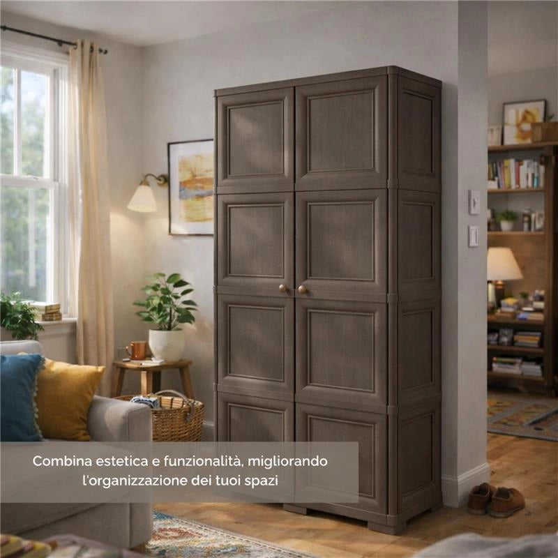 ARMADIO 2 ANTE WENGÉ 79X43X164 CM CON 4 SCOMPARTI E VANO PORTASCOPA – MOBILE ALTO ORGANIZZAZIONE CASA PER INGRESSO E LAVANDERIA