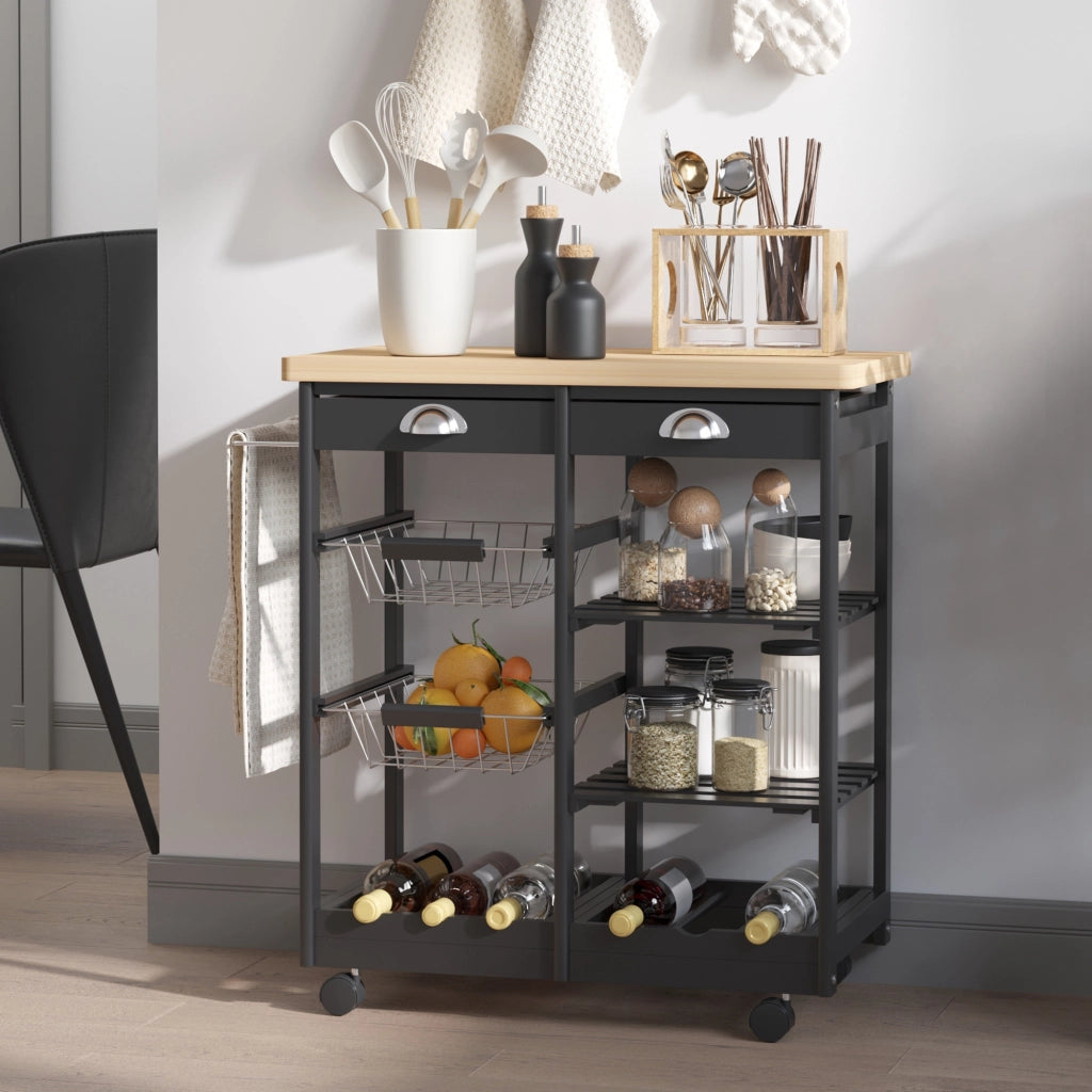Carro per cucina con 2 cassetti, 2 cestini e 2 ripiani ¨C zephmum ¨C Nero 74x37x76 cm