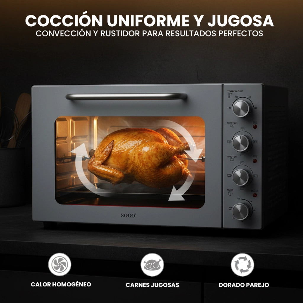 Forno elettrico ventilato 58L con girarrosto, 6 funzioni cottura, termostato 90-230°C, 2000W cucina - SOGO