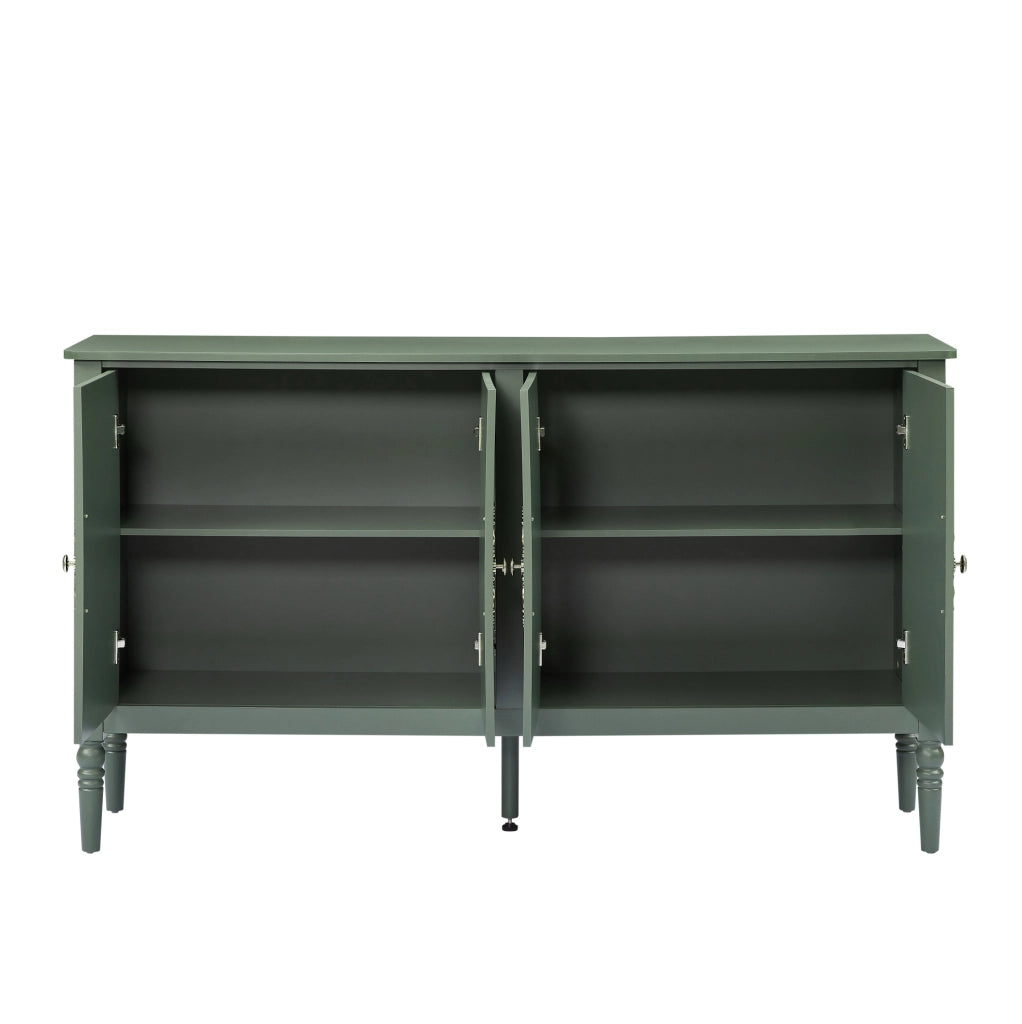 Credenza 160x40x89 cm con decori in rilievo e angoli arrotondati in truciolare; MDF e metallo verde