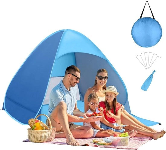 Ombrellone da Campeggio Portatile Leggero Automatico con Tendalino per 1-2 Persone Blu Famiglia Esterno