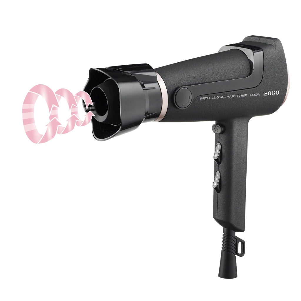 Asciugacapelli professionale motore DC 2000W, 2 velocità 3 temperature, diffusore aria fredda con supporto mani libere - SOGO