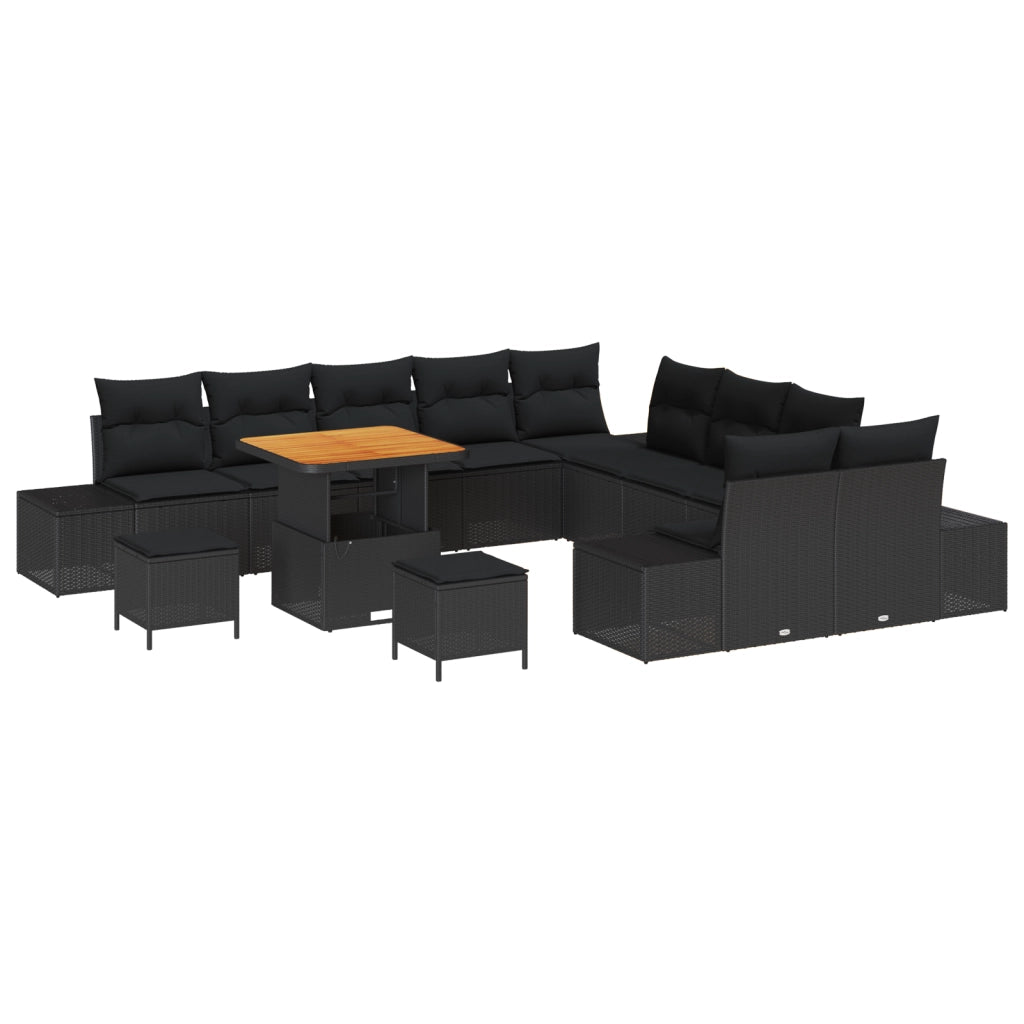 Set divani giardino 13 pezzi con cuscini Nero Polyrattan Acacia