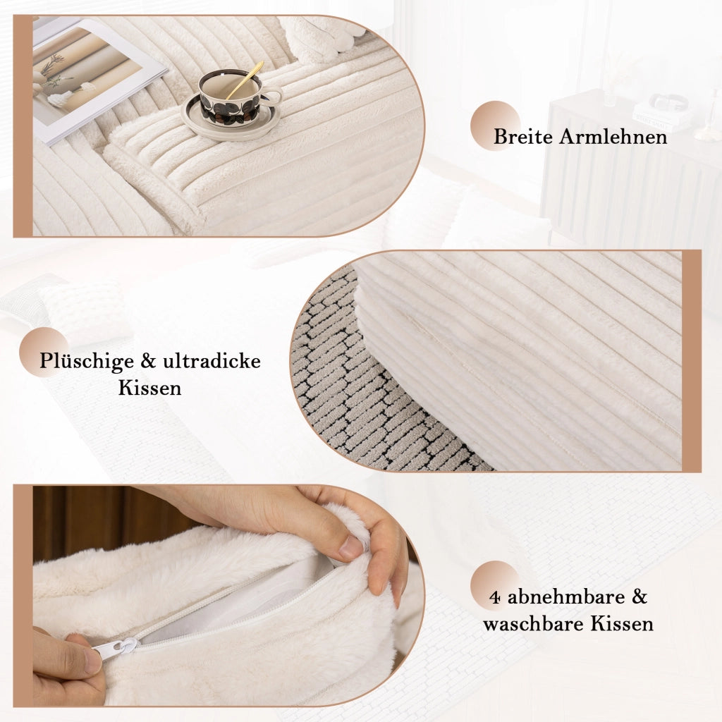 Méridienne in tessuto effetto velluto con 4 cuscini e schiuma ad alta densità beige 175 × 137 × 63 cm