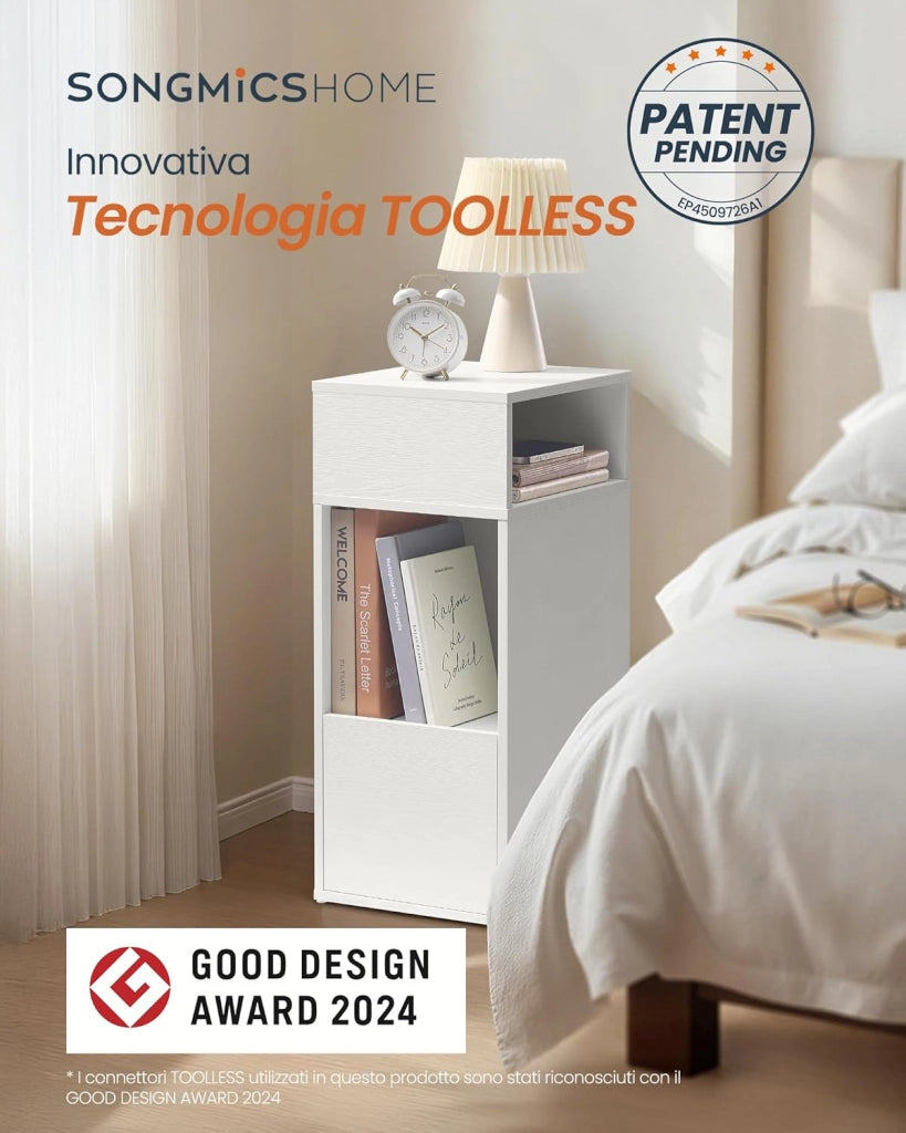Comodini Sottili, Toolless Montaggio Super Veloce Senza Attrezzi, Set di 2 Tavolini con 2 Scomparti Aperti e 1 Cassetto, per Camera da Letto, 30 x 25 x 59,4 cm, Bianco Neve LET912WE01