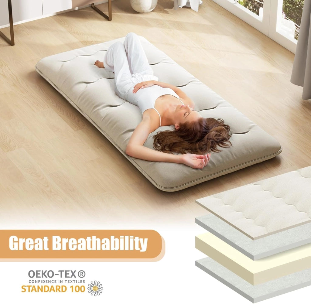 Materasso Futon Pieghevole, Tatami Futon Giapponese Portatile con Borsa, Copertura Lavabile, 2 Bende Incluse, Letto Futon Spesso e Traspirante per Camera da Letto per Adulti (Beige,Twin XL)