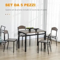 Set da Pranzo da 5 Pezzi con 1 Tavolo Rettangolare 100x63x76.5 cm e 4 Sedie 45x40x82 cm, in Acciaio e MDF