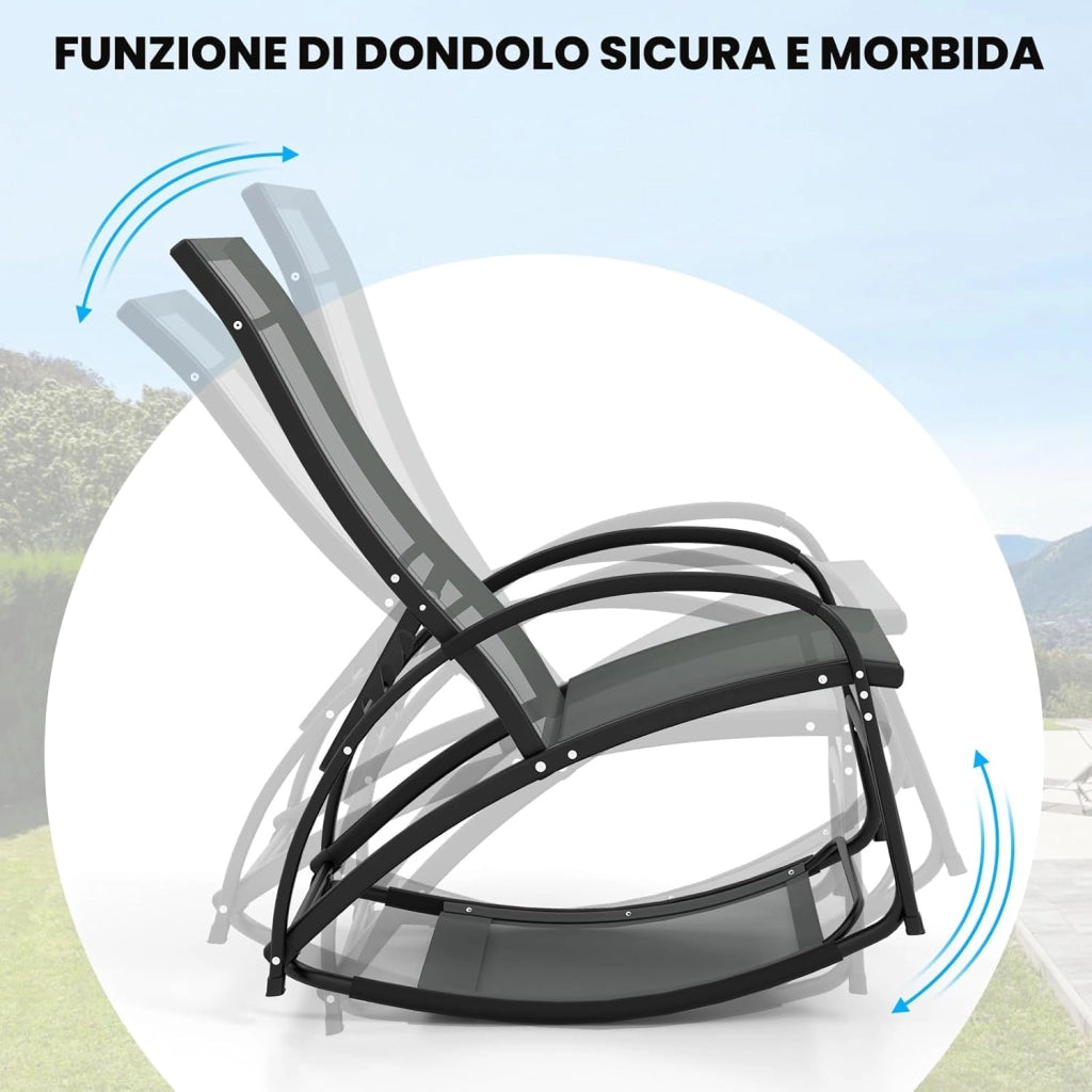 Sedia a Dondolo 2 in 1 da Giardino, Lettino Prendisole Convertibile con Schienale Regolabile a 4 Posizioni, Braccioli Curvi e Telaio in Alluminio, per Patio e Piscina, Portata 150 kg (Grigio)