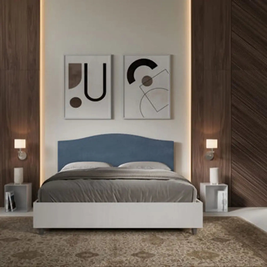 Letto matrimoniale senza rete 160x200 bianco frassino testata microfibra blu Grace