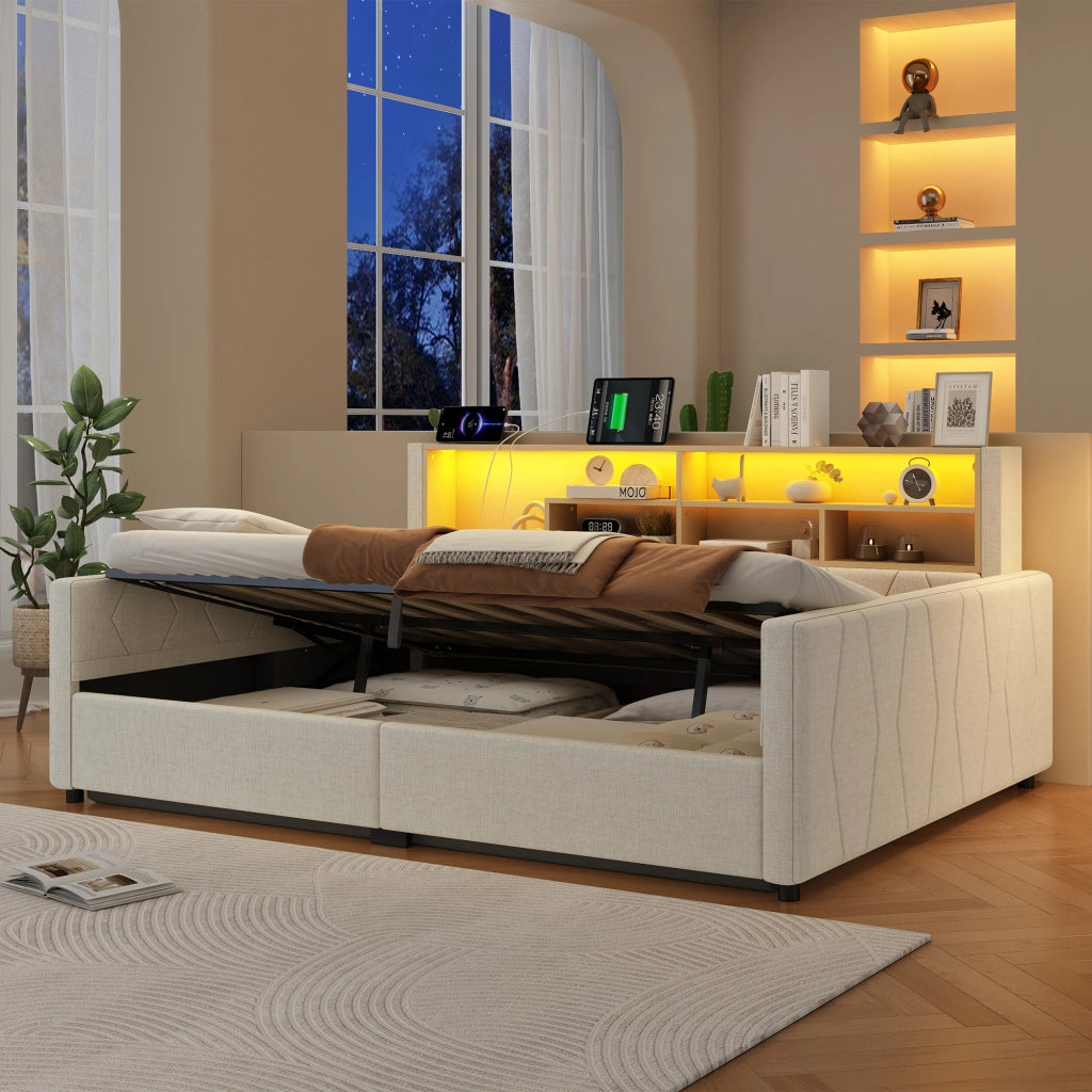 Letto contenitore 140x200 cm beige in lino e MDF con LED e prese USB
