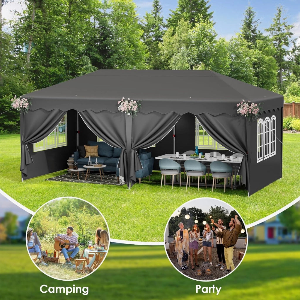 Gazebo pieghevole 3 x 6, 3 x 6 m, impermeabile, resistente all'inverno, stabile gazebo da giardino con 6 sacchi di sabbia e 4 parti laterali, pop-up, UV50+, per feste, matrimoni, picnic (Nero)