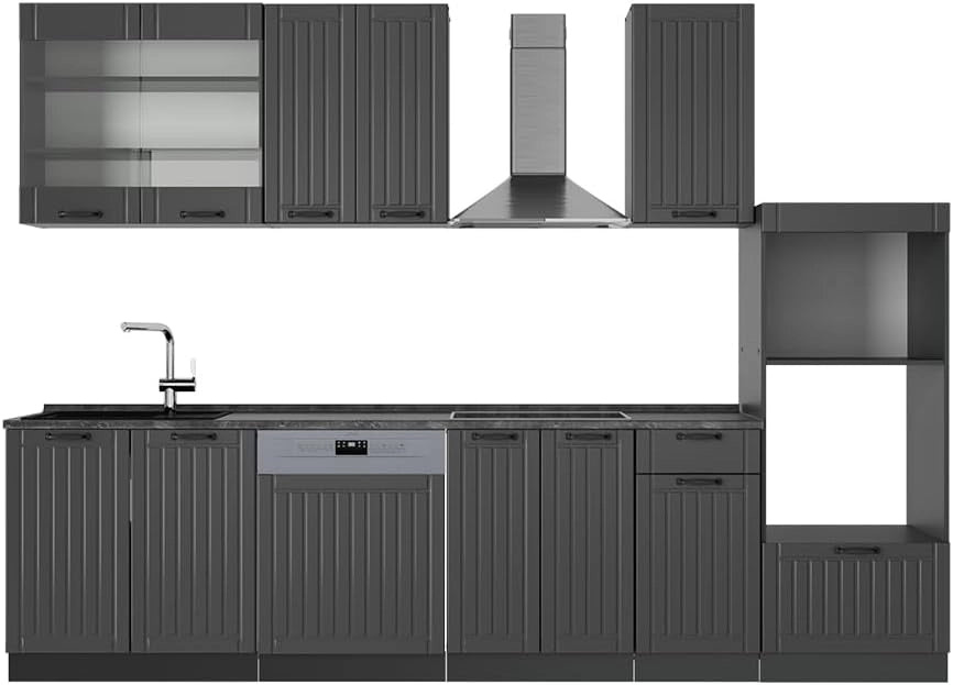 Cucina componibile Fame-Line, Grigio scuro, 300 cm con armadio alto, senza piano di lavoro