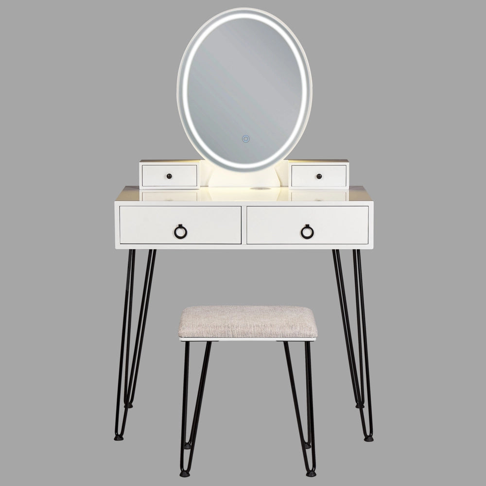 Toeletta con 4 cassetti specchio LED bianco e nero e sgabello camera da letto elegante