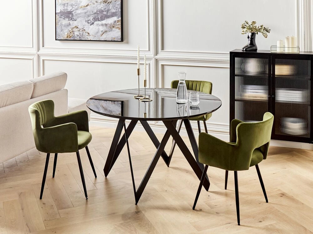 Tavolo da cucina rotondo moderno con piano lucido in MDF e gambe in acciaio 120 cm nero 4 posti da cucina