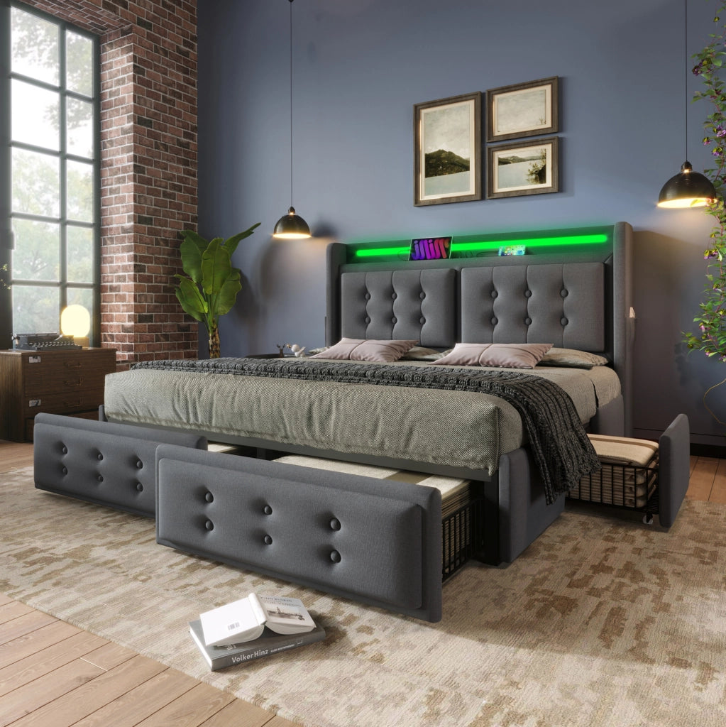 Letto matrimoniale 160x200 cm con contenitore; LED; porte USB e Type-C; 4 cassetti; grigio