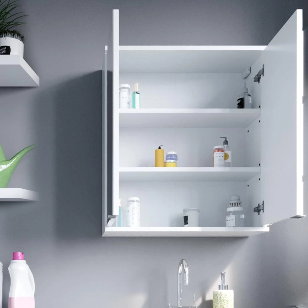 Specchio contenitore bagno Roy, Bianco, 60 x 68 cm, adatto per montaggio a parete e compatibile con la serie Roy