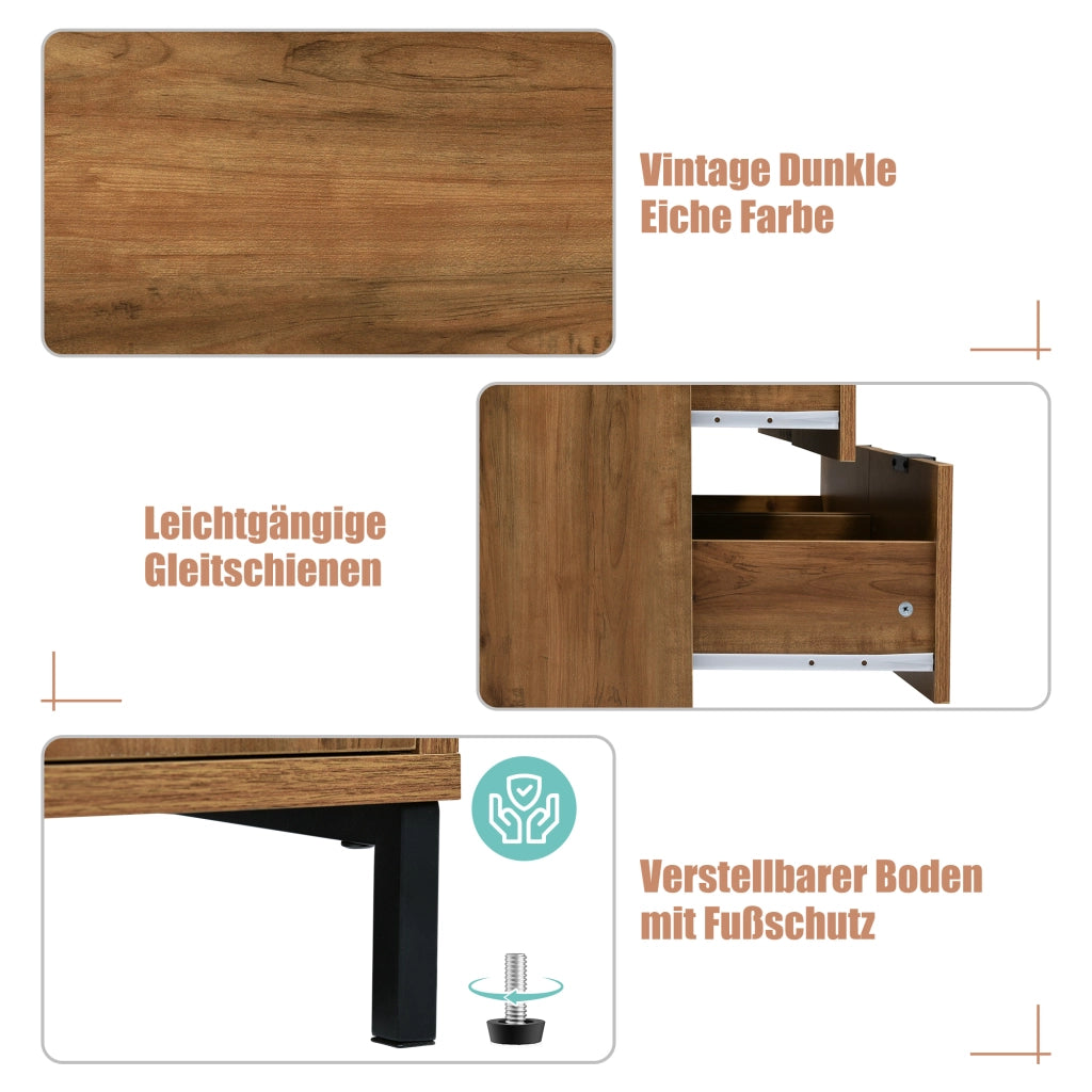 Credenza con 2 ante e 3 cassetti con ripiano regolabile, effetto rovere scuro e maniglie nere 120 × 40 × 76 cm