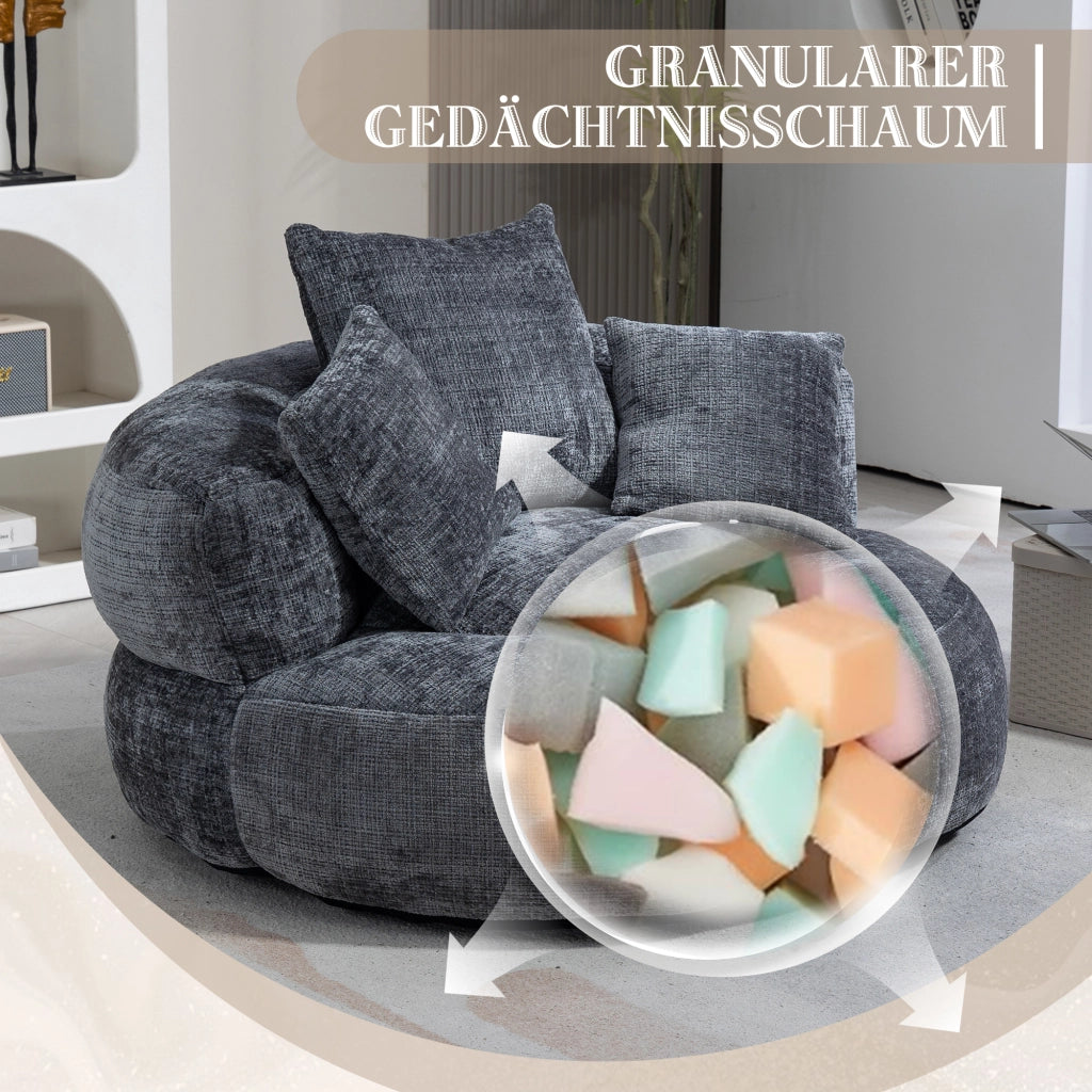 Poltrona Pouf per Adulti con Schienale Alto e Braccioli; Poltrona Gaming Relax 3 Cuscini; in Ciniglia Grigio