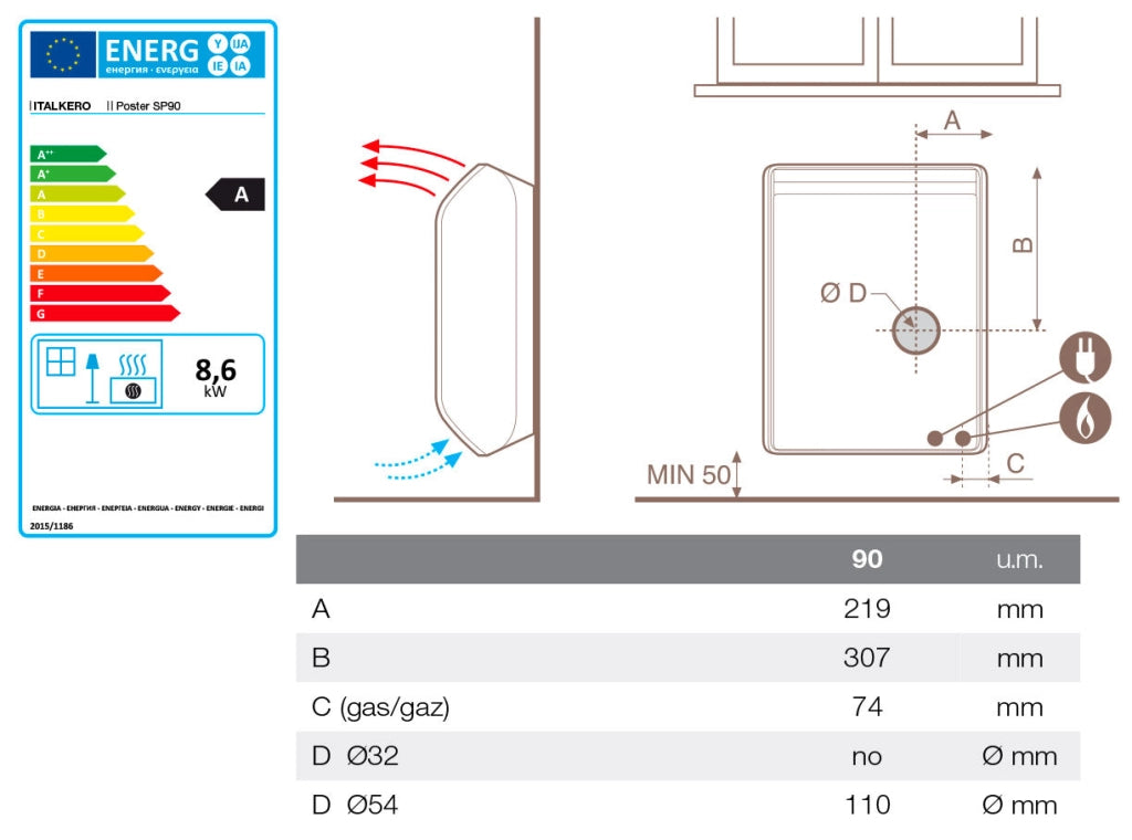 Stufa a Gas GPL 98,5x22,5x58,5 cm Italkero Poster SP 90 Bianco