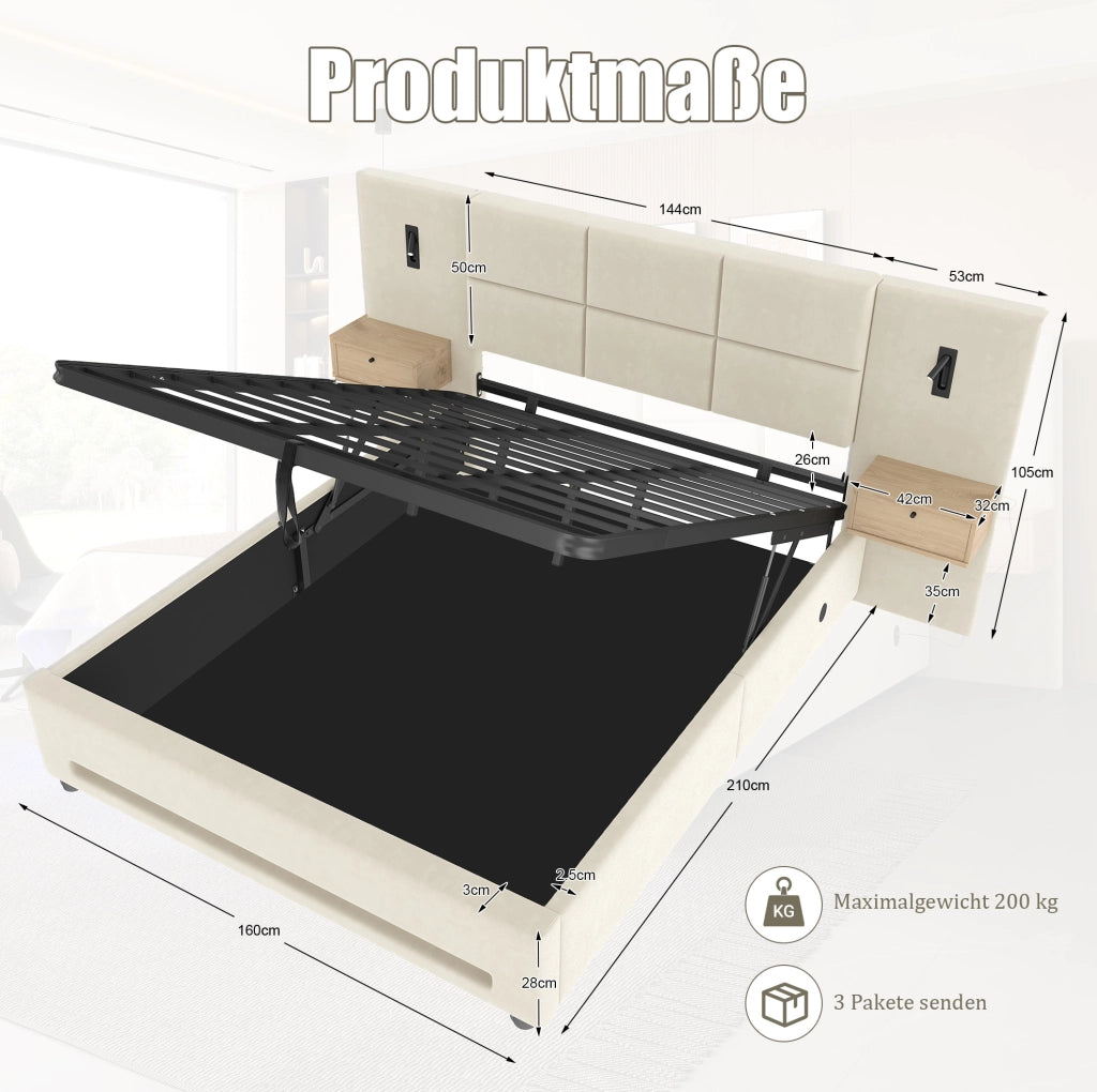 Letto 160x200 beige in velluto con contenitore idraulico e USB-C