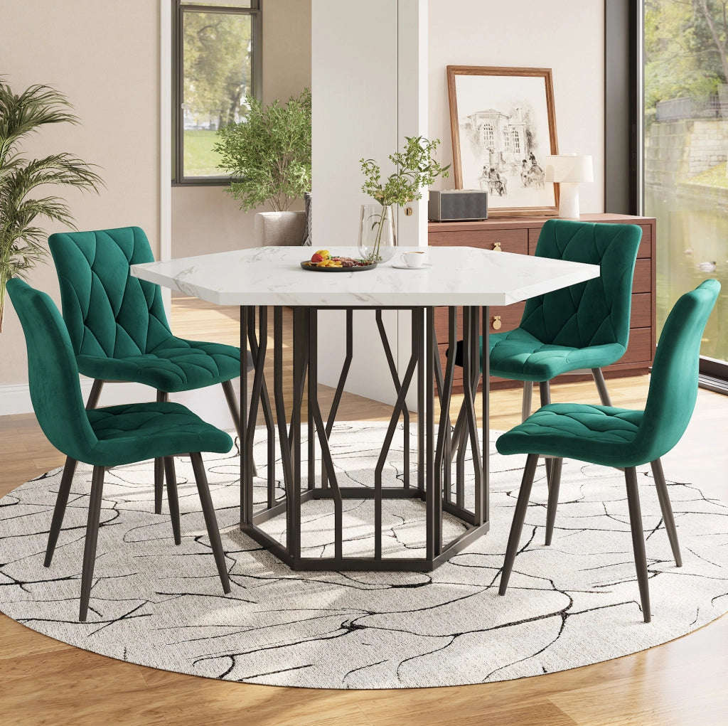 Set tavolo da pranzo 115;5x100 cm; design esagonale; MDF e acciaio; nero bianco e verde