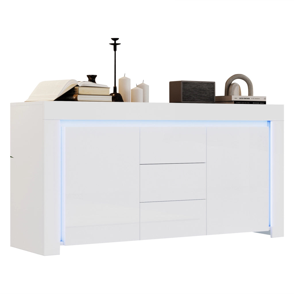 Cassettiera con LED ¨C MINIMAL ¨C Bianco Lucido, 3 Cassetti, 2 Ante, 140x40x65 cm