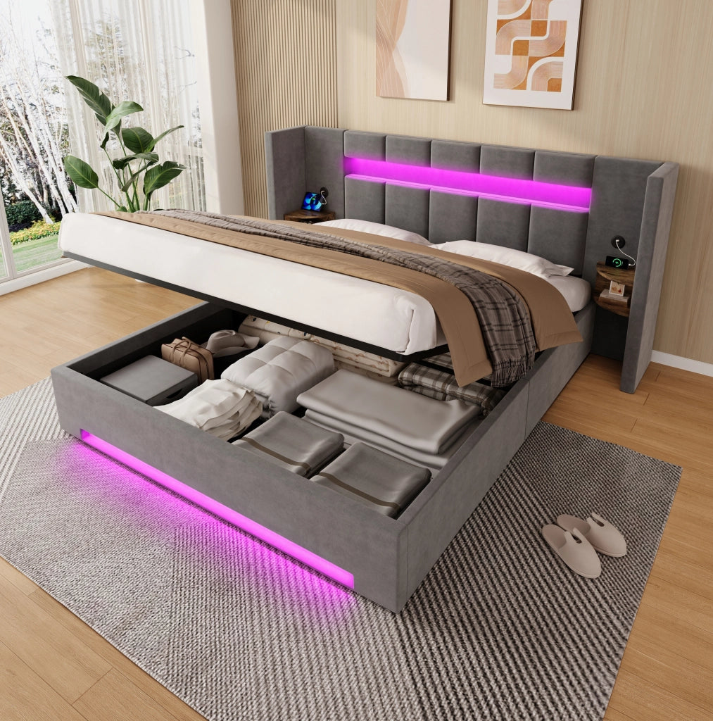 Letto matrimoniale 160x200 cm in velluto grigio scuro con LED e USB