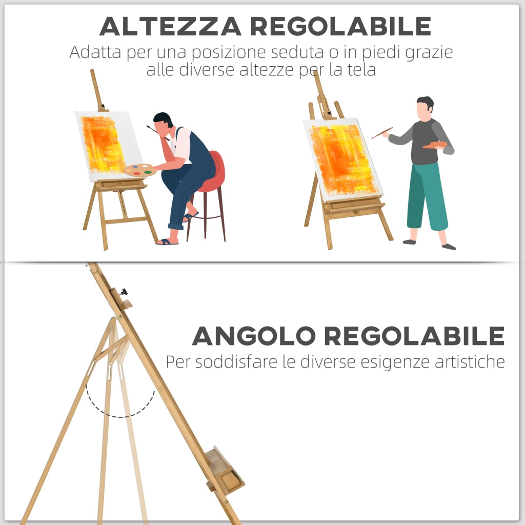 Cavalletto per Pittura Pieghevole in Faggio con Altezza e Angolazione Regolabile, 65x110x180-235 cm