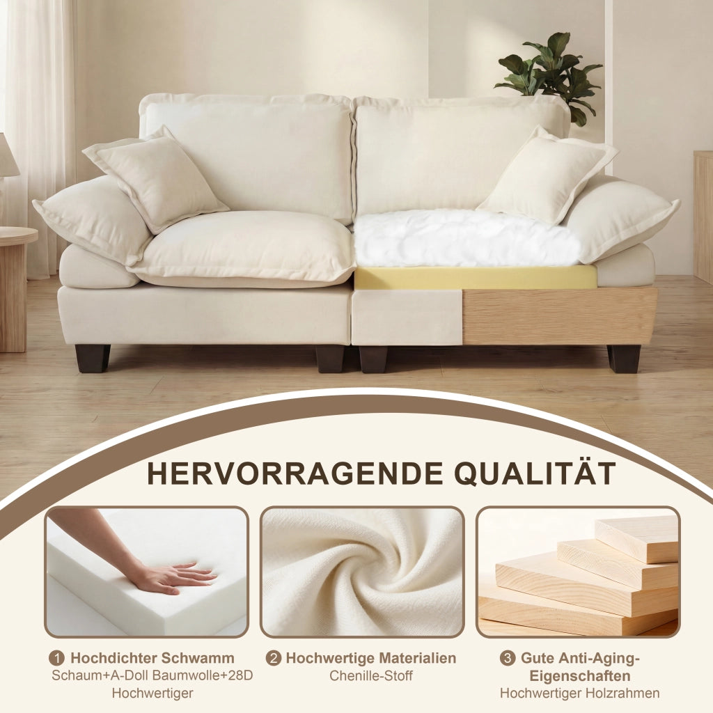 Scaffale modulare con seduta a U e 2 pouf mobili in chenille beige 263 × 151 × 90 cm