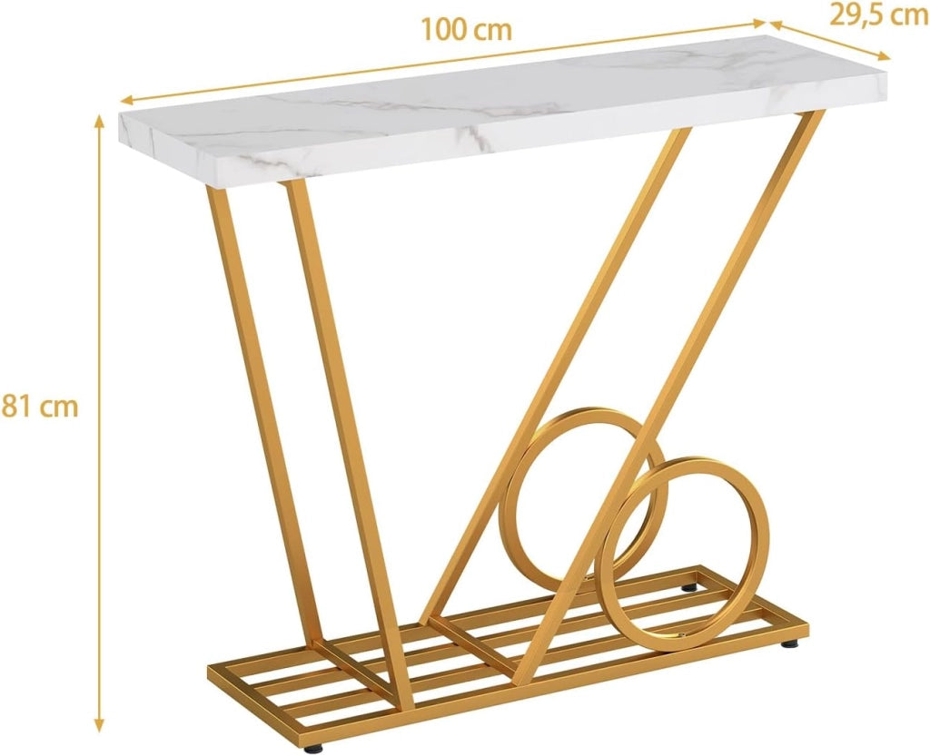 Tavolino da Ingresso 100 x 29,5 x 81 cm, Mobile Ausiliario con Struttura Geometrica in Metallo e Piano in Marmo Finito, per Soggiorno, Ingresso e Corridoio