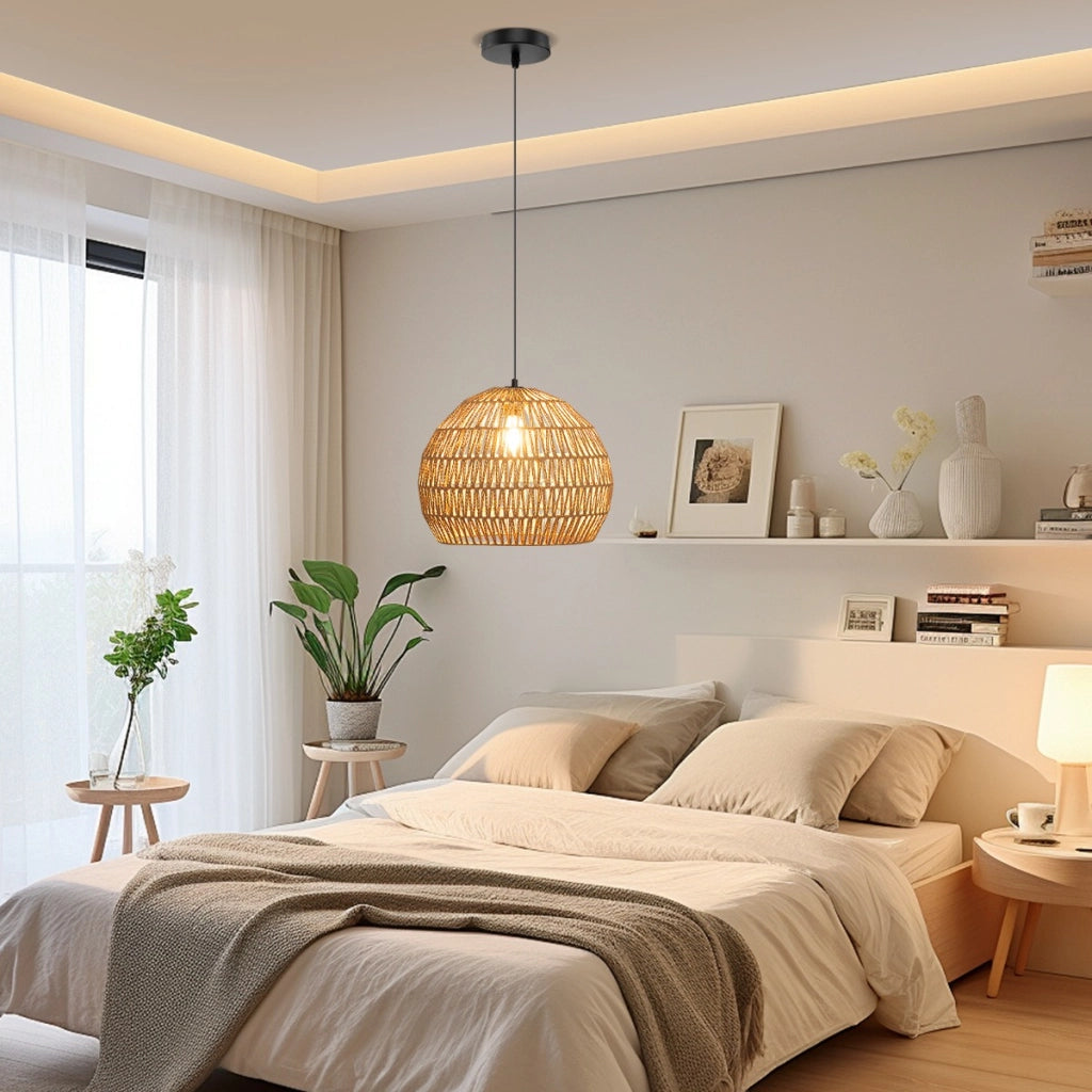 Lampada a sospensione intrecciata in carta per cucina camera da letto, Lampadario boho con altezza regolabile Marrone-Lampade