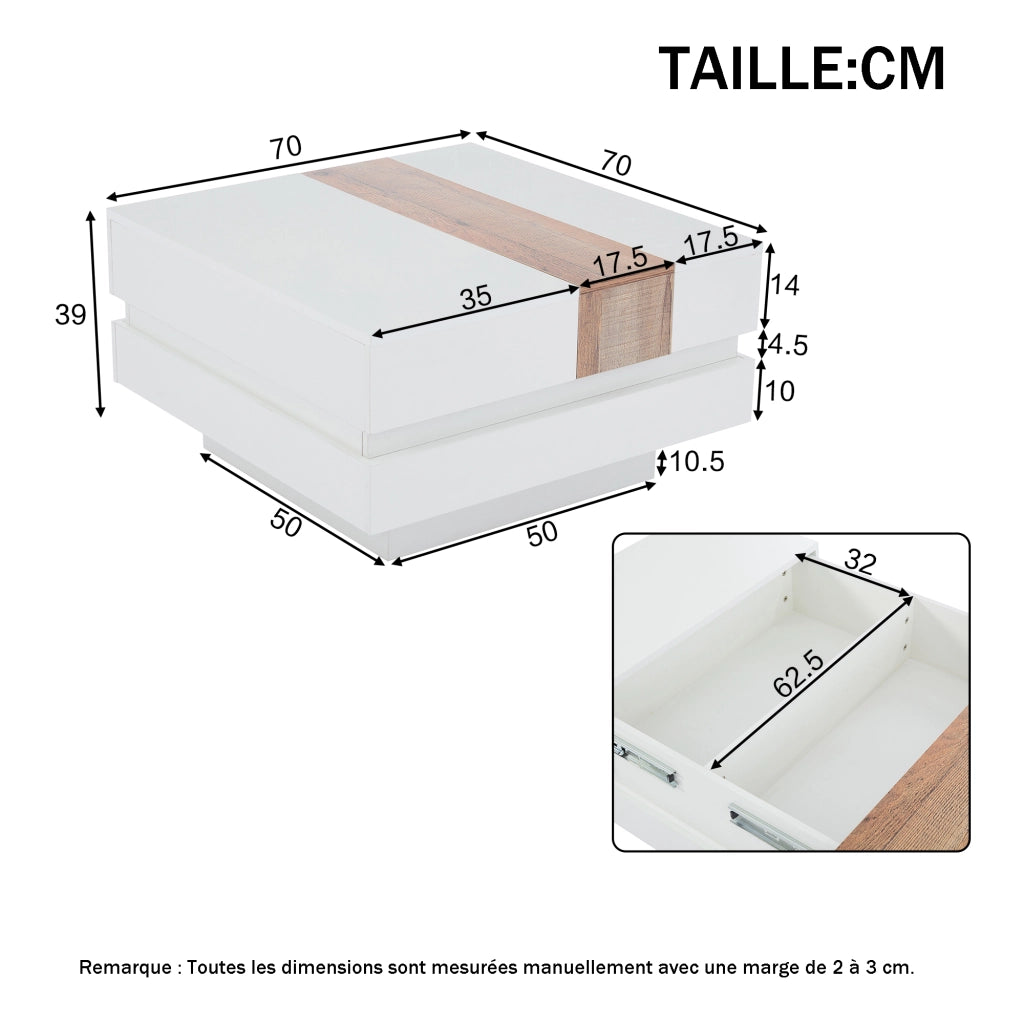 Tavolino da salotto quadrato con piano scorrevole estraibile; 2 vani nascosti; finitura lucida per soggiorno; 70 × 70 × 39 cm