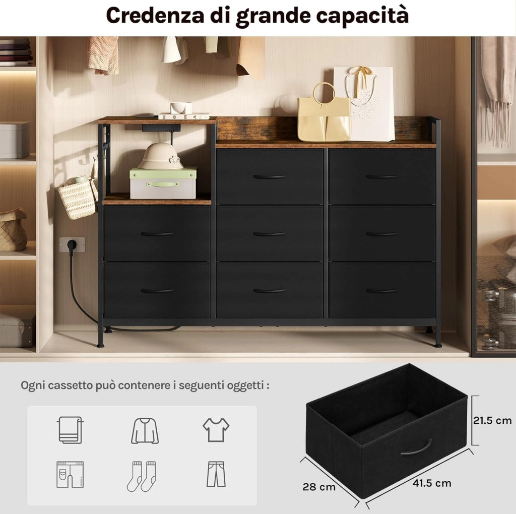 Cassettiera a 8 Cassetti in Tessuto, Cassettiera per Camera da Letto, con Sezione di Ricarica e Ganci, Piani Legno e Struttura in Metallo, Marrone Rustico+Nero