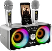 Impianto karaoke portatile - Altoparlante Bluetooth portatile - 2 microfoni UHF wireless - Illuminazione LED per feste - Impianto karaoke per feste, picnic, auto e compleanni.