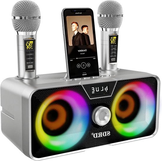 Impianto karaoke portatile - Altoparlante Bluetooth portatile - 2 microfoni UHF wireless - Illuminazione LED per feste - Impianto karaoke per feste, picnic, auto e compleanni.