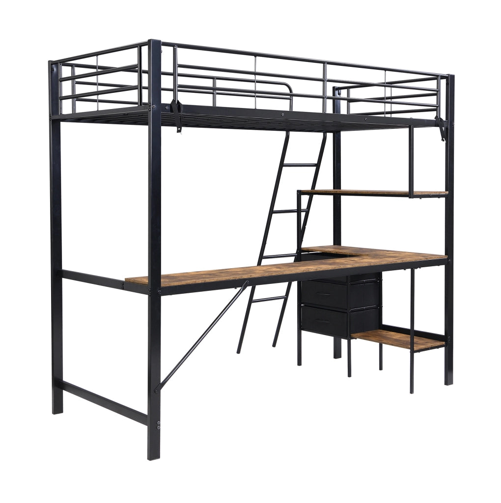 Letto a soppalco in metallo 90x200 cm con scrivania da 2 m, 3 cassetti e scala