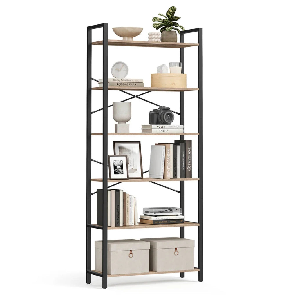 Libreria a 6 ripiani con struttura in acciaio per soggiorno ufficio ingresso stile industriale 80 x 30 x 186 cm marrone 12_0005453