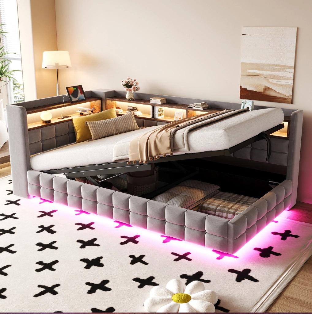 Divano letto imbottito 90x200 cm con contenitore idraulico; LED; USB e Type-C; grigio chiaro